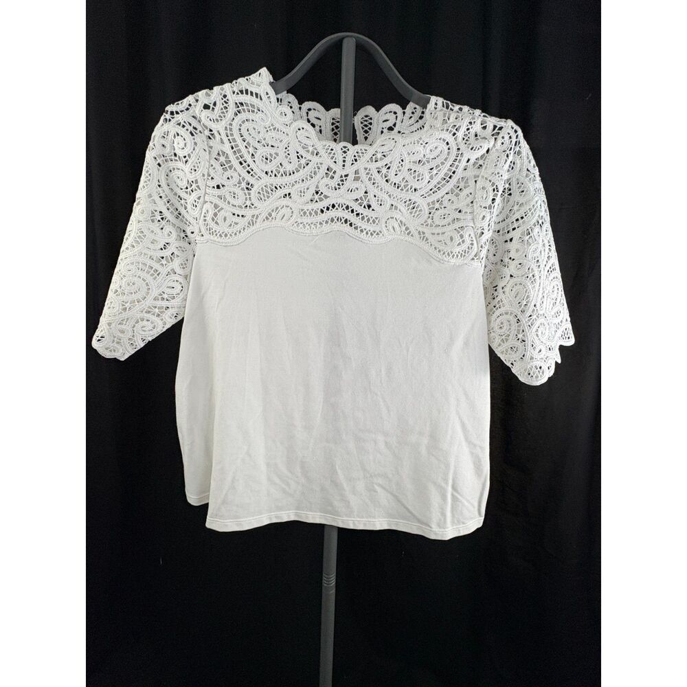 NWT White House Black Market White Scallop Lace Top M Short Sleeve WHBM